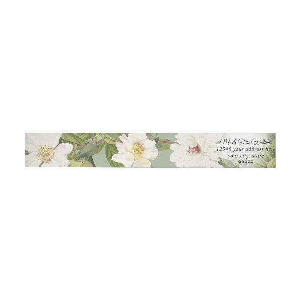 Sage Green n White Vintage Botanical Floral Peony Wrap Around Label