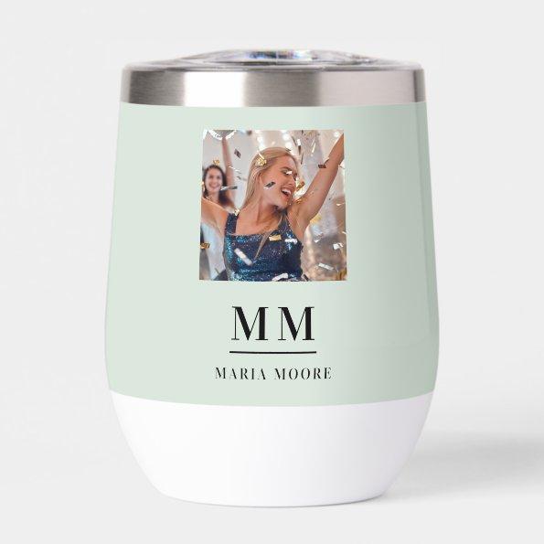 Sage green photo monogram initials name thermal wine tumbler