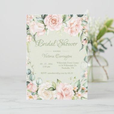 Sage Green & Pink Floral Elegant Bridal Shower Invitations