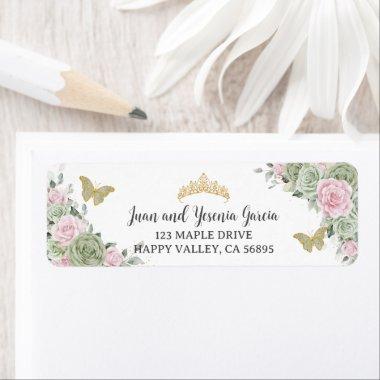 Sage Green Pink Floral Quinceanera Return Address Label