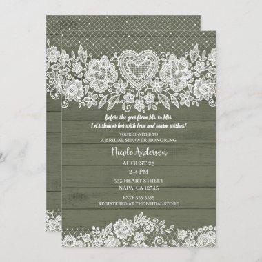 Sage Green Rustic Wood Lace Bridal Shower Invitations