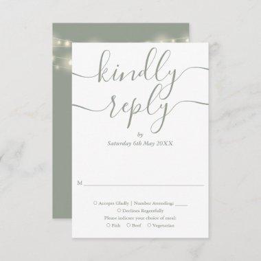 Sage Green Script String Lights Wedding RSVP Card