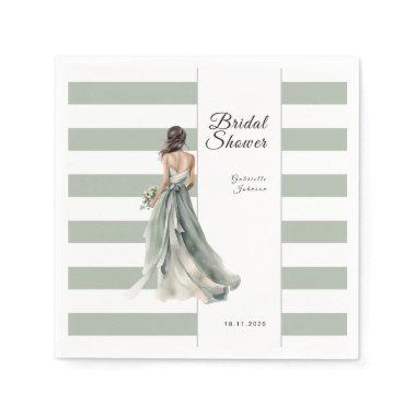 Sage Green Stripes Watercolor Bride  Napkins