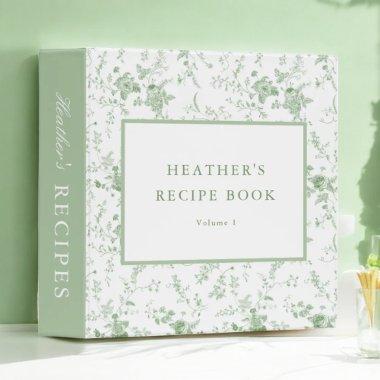 Sage Green Toile Floral Personalized Recipe 3 Ring Binder