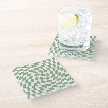 Sage Green Wedding Collection Check Checkered  Glass Coaster