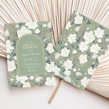 Sage Green White Chinoiserie Floral Bridal Shower Invitations
