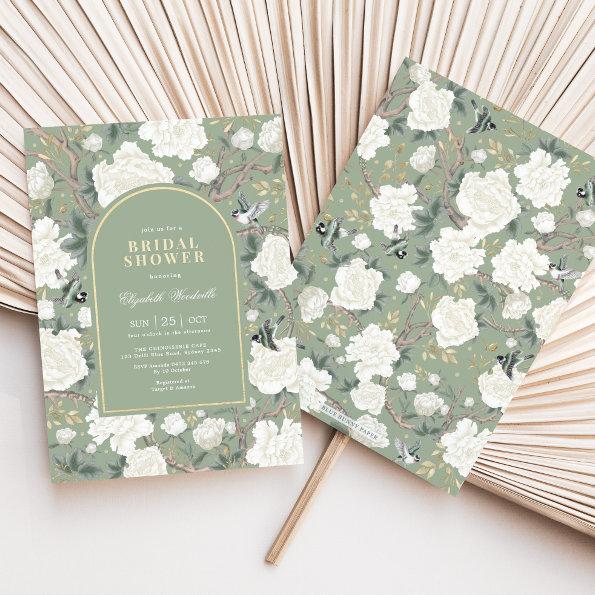 Sage Green White Chinoiserie Floral Bridal Shower Invitations