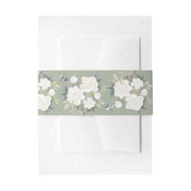 Sage Green White Chinoiserie Floral Wedding Invitations Belly Band