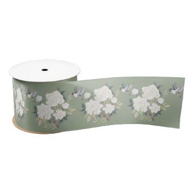 Sage Green White Chinoiserie Porcelain Floral Bird Satin Ribbon