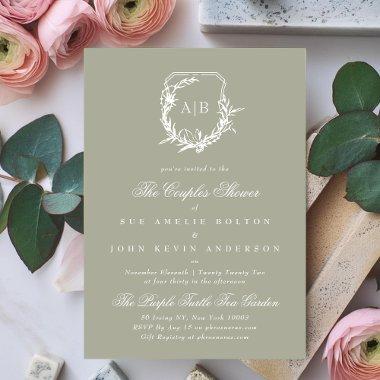 Sage Green White fig floral monogram couples Invitations