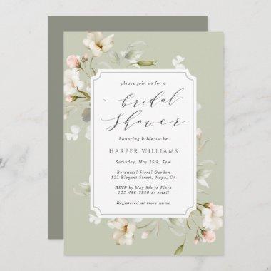 Sage Green White Floral Bridal Shower Invitations