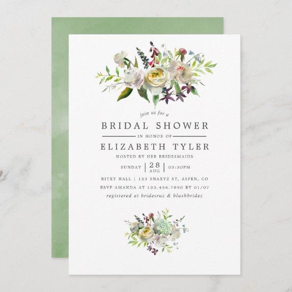 Sage Green & White Watercolor Floral Bridal Shower Invitations