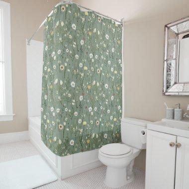 Sage Green White Yellow Wildflowers Boho Trendy Shower Curtain