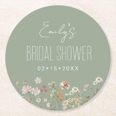 Sage Green Wildflower Boho Bridal Shower Garden Round Paper Coaster