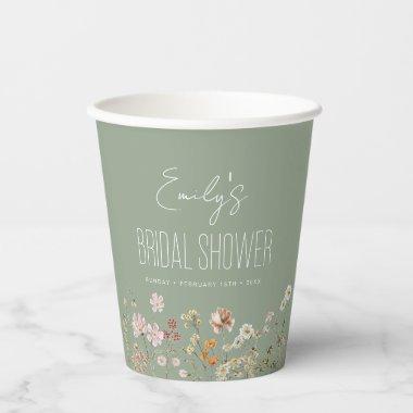 Sage Green Wildflower Boho Bridal Shower In Bloom Paper Cups