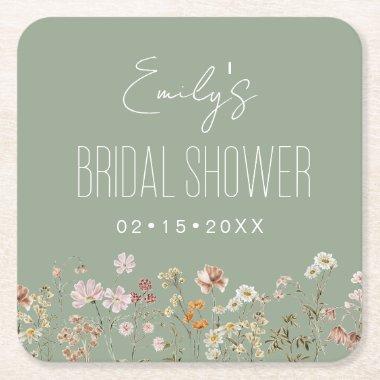 Sage Green Wildflower Bridal Shower Garden Square Paper Coaster