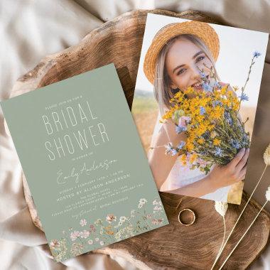 Sage Green Wildflower Bridal Shower Photo Invitations