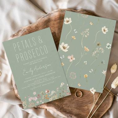 Sage Green Wildflower Petals & Prosecco Bridal Invitations
