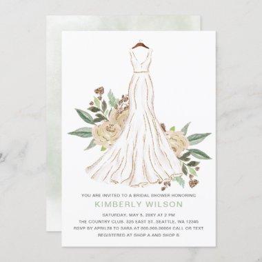 Sage Ivory Floral Wedding Dress Bridal Shower Invitations