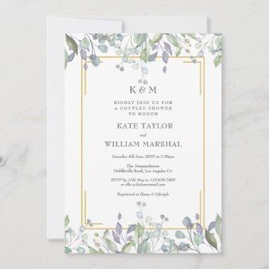 Sage Lilac Floral Monogram Wedding Couples Shower Invitations