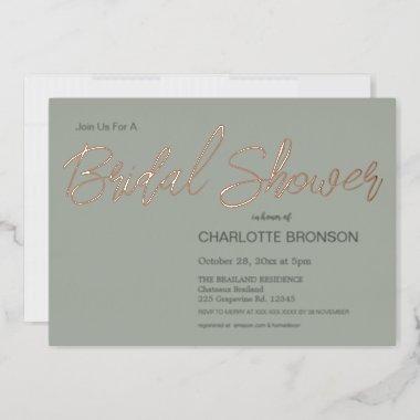 Sage Minimalist Script Bridal Shower Rose Gold  Foil Invitations