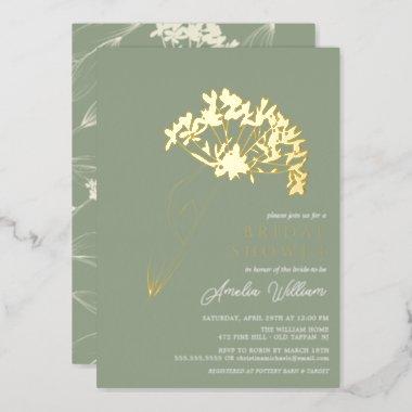 Sage Modern Floral Bridal Shower Foil Invitations