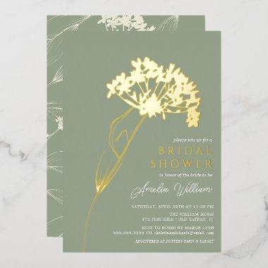 Sage Modern Floral Bridal Shower Foil Invitations