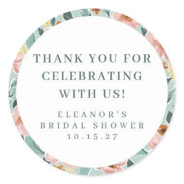 Sage Pink Floral Bridal Shower Custom Thank You Classic Round Sticker