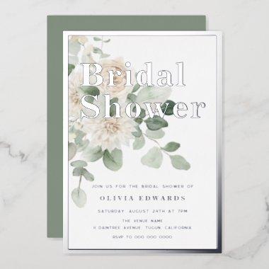 Sage & Silver Foil Modern Bridal Shower Foil Invitations
