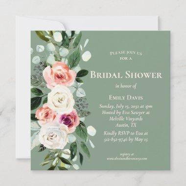 Sage White Blush Peach Floral Bridal Shower Invite