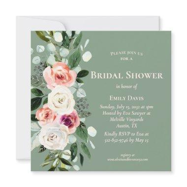Sage White Blush Peach Floral  Invite