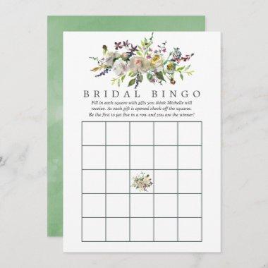 Sage & White Watercolor Floral Bridal Shower Bingo Invitations