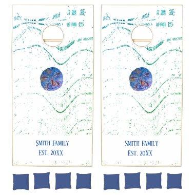 Sand Dollar Abstract Family Beach House Blue White Cornhole Set
