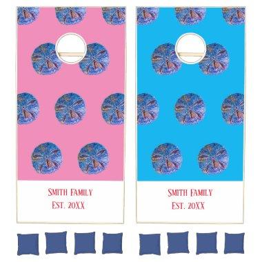 Sand Dollar Abstract Family Beach House Pink Blue Cornhole Set