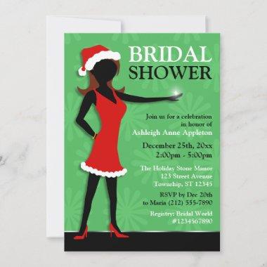 Santa Dress Girl Green Holiday Bridal Shower Invitations