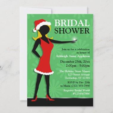 Santa Dress Girl Green Holiday Bridal Shower Invitations