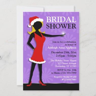 Santa Dress Girl Purple Holiday Bridal Shower Invitations