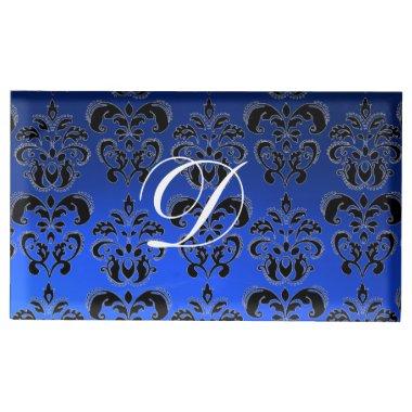 SAPPHIRE BLUE BLACK WHITE CLASSY DAMASK MONOGRAM PLACE  HOLDER