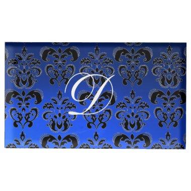 SAPPHIRE BLUE BLACK WHITE CLASSY DAMASK MONOGRAM PLACE Invitations HOLDER