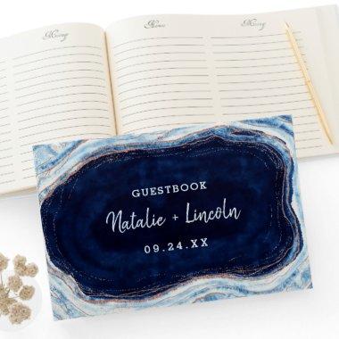 Sapphire Blue Rose Gold Geode Agate Marble Wedding Guest Book