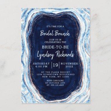 Sapphire Blue Rose Gold Geode Bridal Brunch Shower Invitations