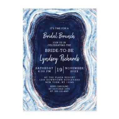 Sapphire Blue Rose Gold Geode Bridal Brunch Shower Invitations