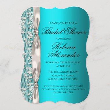 Satin Ribbon and White Lace Aqua Bridal Shower Invitations
