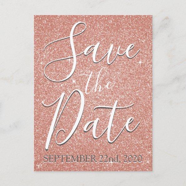 Save the Date Birthday Rose Gold Pink Glitter Announcement PostInvitations
