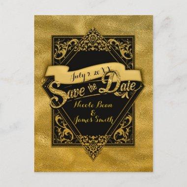 Save The Date Black & Faux Gold Elegant Engagement PostInvitations