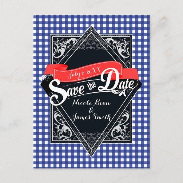 Save The Date Blue Checkered Gingham Engagement PostInvitations