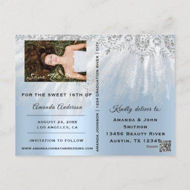 Save The Date Blue Photo Rose Sweet 16th Bridal PostInvitations