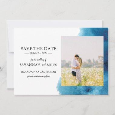 Save the date blue watercolor photo Invitations