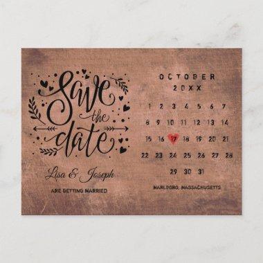 Save the Date Calendar Red Love Heart Rustic Wood PostInvitations