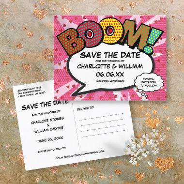 Save the Date Comic Book BOOM Modern Pink Fun Announcement PostInvitations